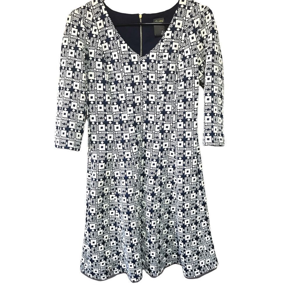 Taylor retro 50s style geometric print fit & flare dress size 2 blue white